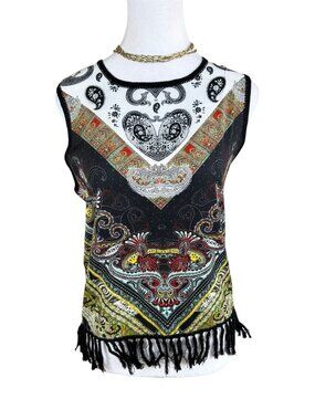 Alice + Olivia Sweater Top Vest Sleeveless Black Multi Printed Fringe (S)